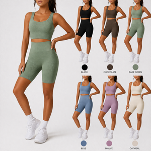 Fabricant OEM de vêtements : Ensemble 2 pièces de shorts de yoga unis pour femmes, respirant, en Spandex/Nylon, taille haute, personnalisable pour la gym - Product Image 4