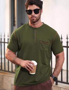 Camiseta Henley de Manga Corta para Hombre, Color Verde Oliva, Corte Regular, Ribete en Contraste, Antiarrugas, Tejido de Punto Casual - Product Image 5