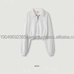 BE385HZ moda Turn Down Collar media cremallera Vintage 385GSM Crop Top Mujer en blanco de gran tamaño personalizado recortado Zip Up Premium HOODIE - Product Image 6