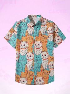 เสื้อเชิ้ตแฟชั่นยูนิเซ็กส์ลายแมวน่ารักสำหรับผู้ชาย สวมใส่สบายๆ ทุกวัน พิมพ์ลาย 3 มิติ แขนสั้น ผ้าโพลีเอสเตอร์ทอระบายอากาศได้ดี - Product Image 4