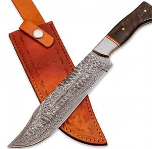 Cuchillo de caza artesanal de acero de Damasco para exteriores con funda de cuero y mango de madera oscura - Product Image 1