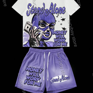 ชุดเซ็ตสองชิ้นเสื้อยืดและกางเกงขาสั้นผ้าฝ้าย 100% คุณภาพสูง พิมพ์โลโก้ได้ตามต้องการ ไซส์ใหญ่ ทรงหลวม สไตล์ลำลอง แฟชั่นสำหรับผู้ชาย - Product Image 3