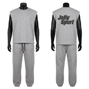 Conjunto de pantalón sin mangas de algodón y poliéster de 320 GSM, color rosa jaspeado, con estampado de logotipo DTG en relieve, camiseta y pantalón para hombre. - Product Image 3