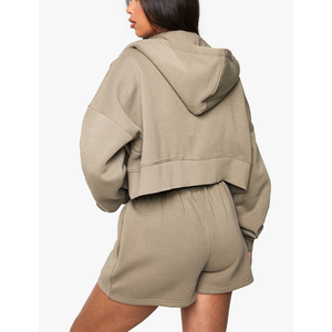 Ensemble short femme 2026 100% Coton Style Urbain Crop Hoodie Taille Haute Tenue de Sport avec Poches Logo Brodé Joggers - Product Image 6