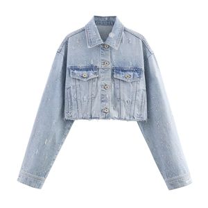 Women New Fashion Short Denim with <b>Rhinestone</b> <b>Jacket</b> Coat Vintage Long Sleeve Female Outerwear Chic Overshirt - Product Image 1