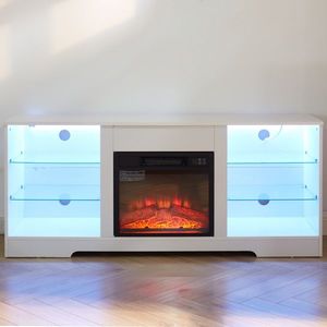 Modern Electric Fireplace TV Stand with Glass Shelves 3D LED Lights Wood USB Charging Outlet Sleek Design - Product Image 1