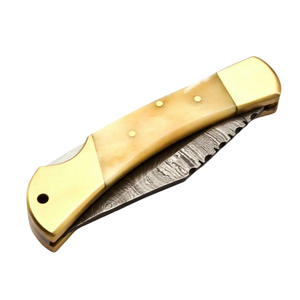 Custom Handmade Damascus <b>Steel</b> Lock Back Folding Knives with Cream Handle Gold Brass Bolsters for <b>Outdoor</b> Hunting Camping Gear - Product Image 4