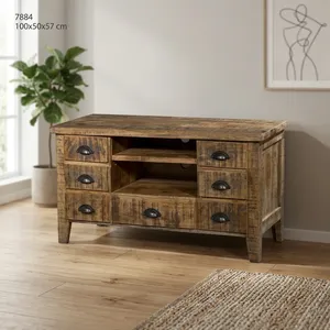 Meuble TV rustique en bois avec tiroirs et étagères ouvertes pour le rangement du salon, mobilier de maison - Product Image 2