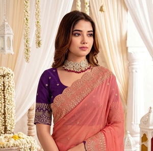 Sari de Seda Coral para Mujer, Blusa Morada, Traje Tradicional Indio para Boda, Largo hasta el Suelo, Corte Regular, Elástico, Protección Solar - Product Image 3