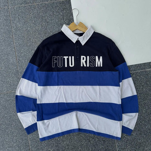 Camiseta de Rugby de Algodón Grueso de 240 GSM, Azul y Blanco con Paneles Horizontales, Manga Larga, Logotipo Personalizado, Camisetas de Polo de Rugby para Hombre - Product Image 1