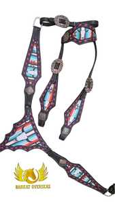 Selle Western en Cuir Véritable Premium Cowskull Légère, Multicolore et Durable avec Collier de Poitrine et Têtière pour Cheval - Product Image 2