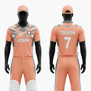 160 GSM Premium Polyester <b>Cricket</b> Jersey Peach <b>White</b> Grey Panel Custom Sublimation Team Wear - Product Image 1