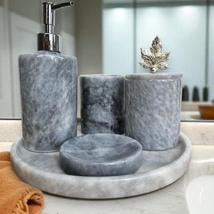 Ensemble de salle de bain élégant en marbre, quatre pièces, porte-savon rond, porte-brosse à dents, distributeur de savon, facile à nettoyer - Product Image 6