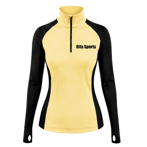 Camiseta Deportiva de Manga Larga con Cierre de Cremallera, Color Amarillo Neutro y Negro, para Mujer, con Orificios para los Pulgares, Corte Ajustado, para Correr, Gimnasio, Entrenamiento - Product Image 1