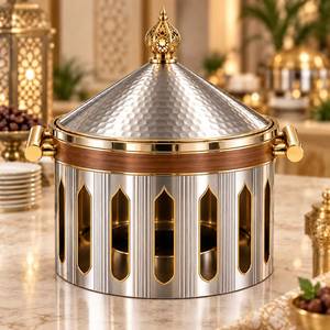 Luxury Round Gold Stainless Steel Chafing Dish Pot with Ladle Hook Arabian Cutout Design Food <b>Warmer</b> for Hotel Catering <b>Buffet</b> - Product Image 4