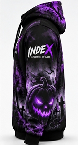 Sudadera con Capucha para Hombre, Diseño de Calabaza de Halloween, Estilo Casual Urbano, Corte Regular, Color Morado y Negro, Estampado Completo - Product Image 4