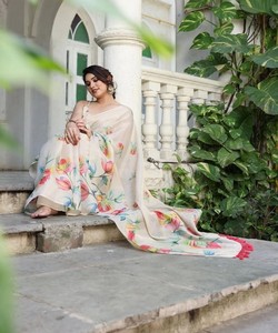 Sari Moderno de Tela de Lino con Estampado Floral de Seda y Blusa Sin Coser 84837 Blanco - Product Image 4