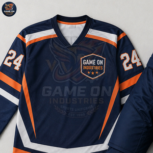 For Wholesale Rate Team Sportswear Sublimation Performance Fabric Breathable Lightweight Navy Orange Ice Hockey Uniform Sets - Product Image 3