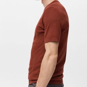 T-shirt à manches courtes en tricot pour homme, col rond, couleur unie, coupe ajustée, vêtements décontractés, rouge brun, coton de haute qualité, design uni - Product Image 2