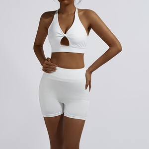 High Quality Stretchy Knit Custom Ribbed Racerback Cutout Crop Top and Scrunch Butt Biker <b>Shorts</b> Set for Women Gym - Product Image 1