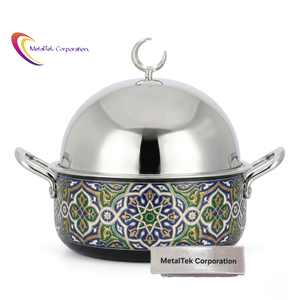 Casserole de service Ramadan style arabe, double paroi émaillée, avec bouton en forme de croissant de lune et couvercle poli – Plat élégant - Product Image 1