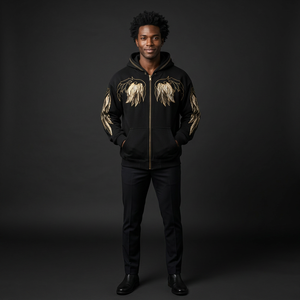 Sweat-shirt polaire à capuche numérique avec motif ailes et surpiqûres contrastées, style décontracté d'hiver, fermeture éclair, poche avant, coupe oversize et classique - Product Image 3