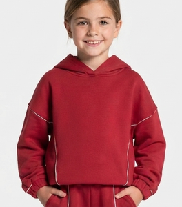 Custom Contrastline Cherry Red <b>Oversized</b> Kid Girls Tracksuit Set Cotton Fleece Hoodie & Wide Leg <b>Sweatpants</b> OEM & ODM - Product Image 4