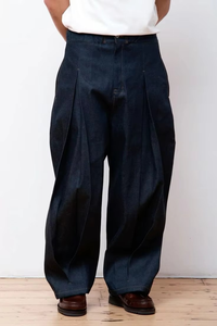 High Quality Pleats Raw Selvedge Denim Men Jeans <b>Balloon</b> Baggy Womens Pants Japanese Selvage Raw Denim Pleats Mens Jeans - Product Image 2