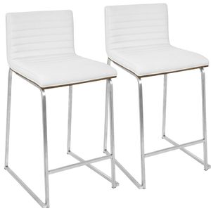 Ensemble de 2 tabourets de bar contemporains de 26 po en acier inoxydable brossé, bois de noyer et simili cuir blanc - Product Image 1