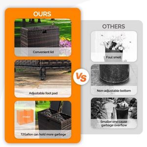 72-Gallon Outdoor <b>Large</b> Wicker Trash <b>Bins</b> Dual Lids Hideaway Rattan Trash Cans for Porch Backyard Deck Patio Poolside Beyond - Product Image 5