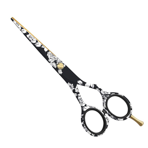 Ciseaux de coiffure professionnels en acier inoxydable, lame tranchante, pour droitiers, manche long, usage en salon, design floral noir et blanc SAAR - Product Image 1