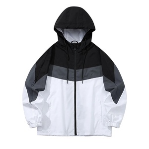 Chaqueta Cortavientos Ligera con Capucha para Hombre, Diseño Color Block con Cierre Frontal, Negra y Blanca, Tallas Grandes, para Deportes al Aire Libre de Verano - Product Image 1