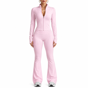 <b>Top</b> Selling Polyester Spandex Sweat Wicking Women's Vintage Stand Collar <b>Zip</b>-<b>Up</b> Flared Pants and Jacket Set for All Seasons - Product Image 2