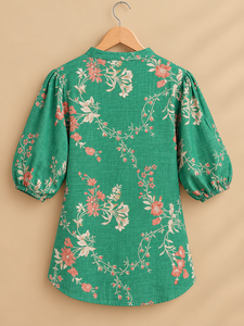 Blusa con estampado floral verde para mujer, con cuello mandarín y mangas abullonadas, top informal para primavera y verano - Product Image 2