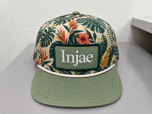 Casquettes de plage d'été Injae tendance à 5 panneaux, à visière plate, style snapback, avec patch personnalisé, motif floral tropical vintage, vente en gros - Product Image 1