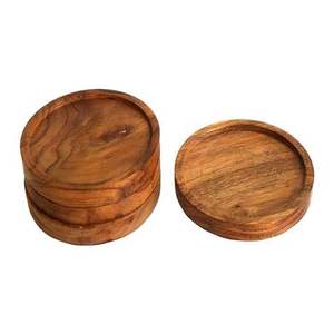 Wooden Coaster Set Round Checkered Design <b>Heat</b> Resistant Mats & <b>Pads</b> 4 pcs Modern Style Table Accessory - Product Image 4