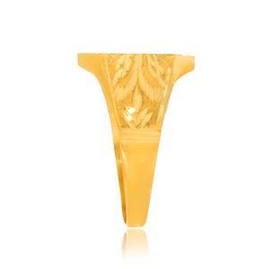 Chillai Worked Hexa <b>Men</b> Gold <b>Ring</b> 24K Gold Hexagonal Signet <b>Ring</b> with Intricate Crescent Moon and Floral Engraving - Product Image 3