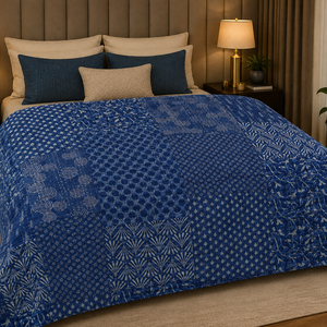 Listo para Enviar: Colcha Kantha Reversible Índigo Hecha a Mano, de Algodón con Patchwork, Textil Boho Indio para el Hogar, Ideal para Hoteles y Playa - Product Image 1