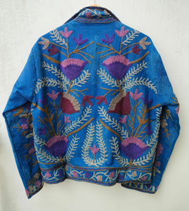 Handcrafted Kashmiri Aari Embroidery Women Royal Blue Velvet Woven <b>Quilted</b> Breathable Eco-Friendly Winter Coat Crewel Work - Product Image 4