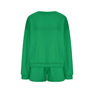 Custom Logo Women's Sweatshirt Set Cotton Fleece Oversized Crewneck Pullover and Shorts 2 Piece Lounge Wear Tracksuit Set - Product Image 3