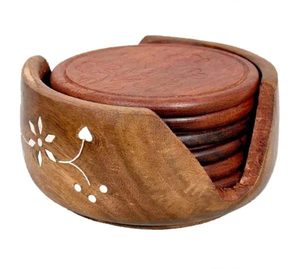 Walnut Wooden Coaster Set With Holder Round Drink Coasters Handmade Reusable <b>Mats</b> for Home <b>Bar</b> Table - Product Image 1