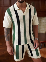 Men's Color Blocking Polo Shirt Shorts Set Knitted Casual Summer Wear Breathable Cotton Polo Collar Design Customized Colors