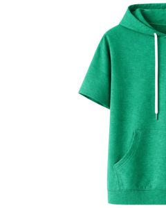Haut à capuche vert à manches courtes pour homme, pull décontracté, t-shirt léger d'été, streetwear, mélange de coton, avec poche kangourou - Product Image 4