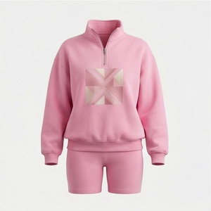 Conjunto de 2 piezas de forro polar rosa para mujer con sudadera con cremallera y estampado geométrico y pantalones cortos por encima de la rodilla, ropa deportiva informal - Product Image 1
