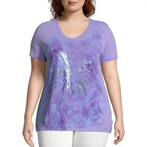 Camiseta de Cuello en V para Mujer, Tallas Grandes, Personalizada al por Mayor, Estampado Floral, Manga Corta, Informal, Gris, Algodón Jersey, Corte Regular - Product Image 3