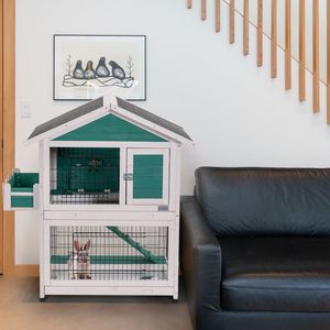 Conigliera a 2 piani con vassoio estraibile impermeabile tetto interno o esterno gabbia per coniglietti mobili in legno per animali domestici - Product Image 5
