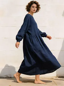 Women Navy Blue Cotton Maxi <b>Dress</b> O Neck Long Sleeve Loose Fit <b>Boho</b> Casual Flowy <b>Summer</b> <b>Dress</b> - Product Image 5