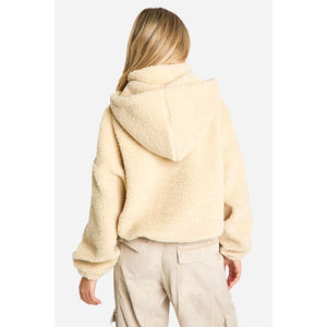 Women's Oversized Hooded Fleece Pullover Sweatshirt Solid Color Drop-Shoulder <b>Long</b> <b>Sleeve</b> Winter <b>Crop</b> Top with Pockets - Product Image 2