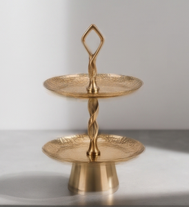 Premium Gold Metal 2 <b>Tier</b> <b>Cake</b> <b>Stand</b> with Twisted Stem Pedestal Base Hammered Pastry Cupcake Display Serving Plate Decor - Product Image 4