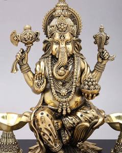 Estatua de Ganesha de 13 Pulgadas en Latón sobre Base de Madera, Estilo Art Deco, Pop Art, Religiosa, Ecológica, Hecha a Mano, Regalo para Diwali - Product Image 2